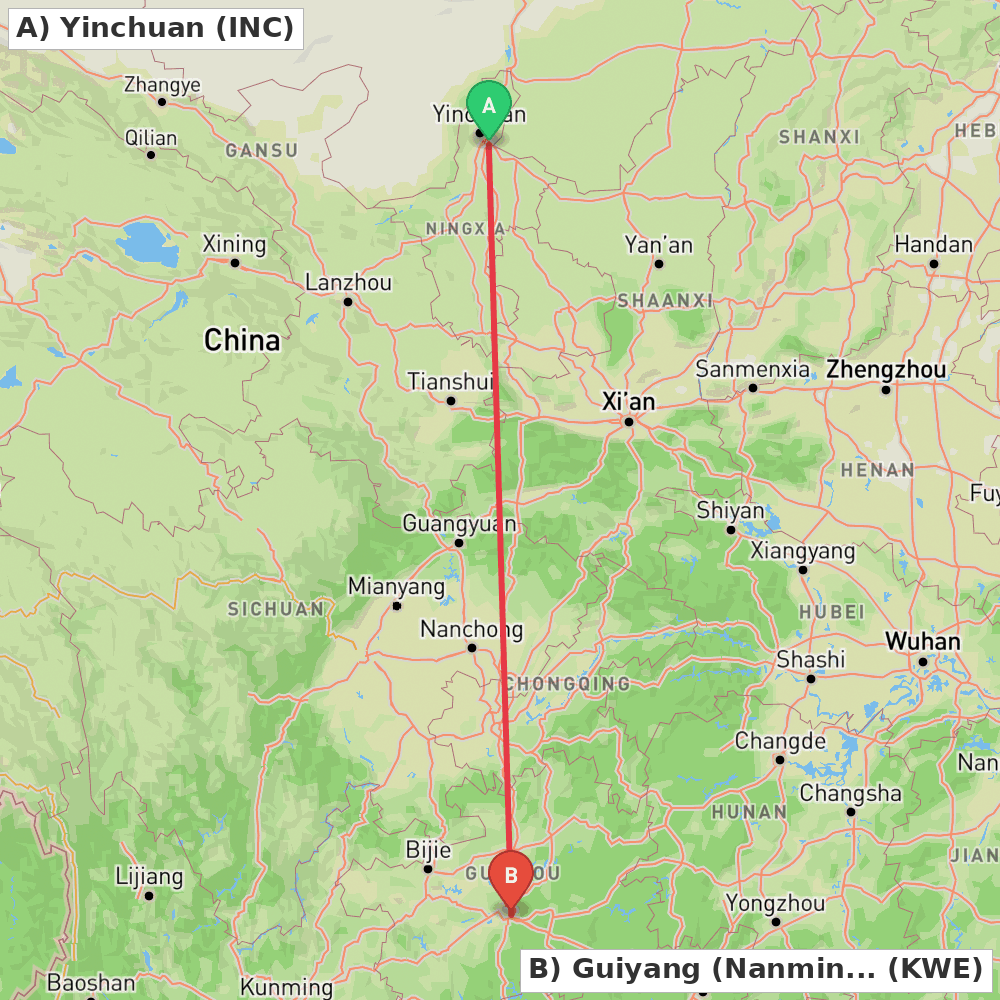 Flight route map from Yinchuan to Guiyang (Nanming)