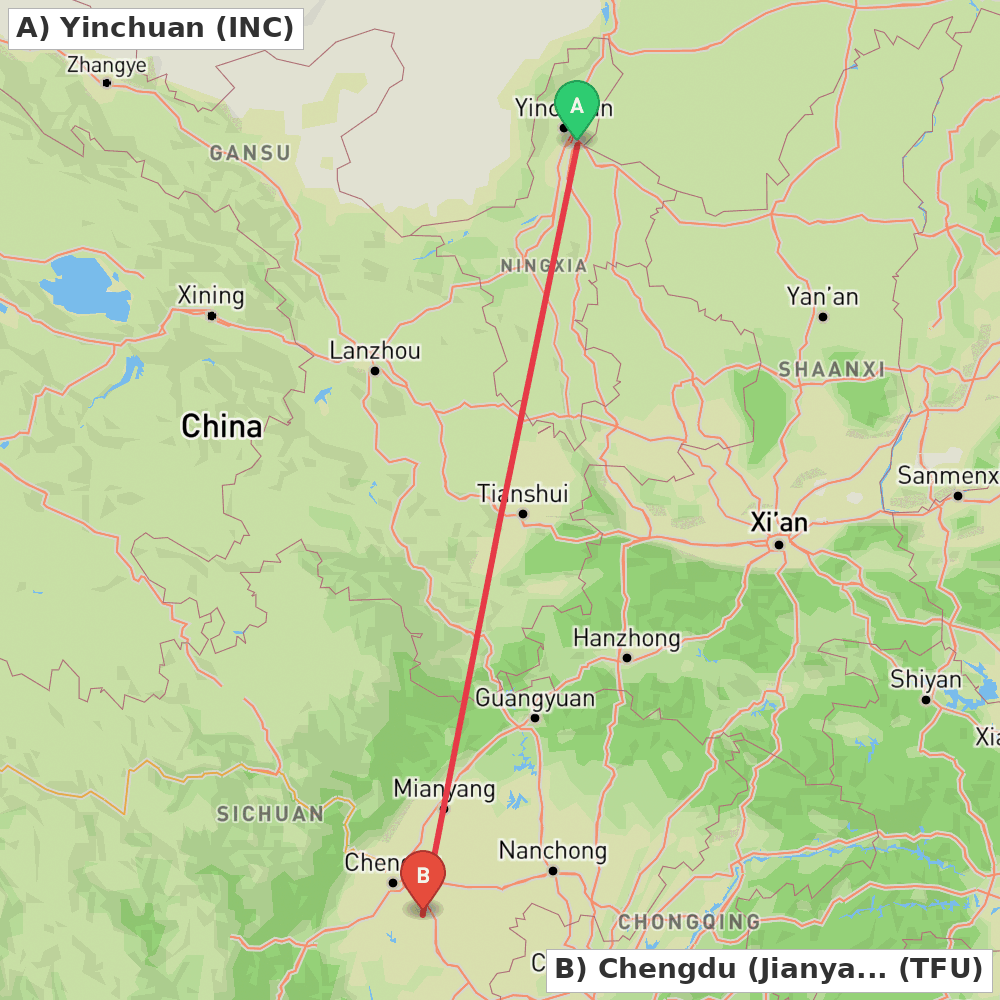 Flight route map from Yinchuan to Chengdu (Jianyang)