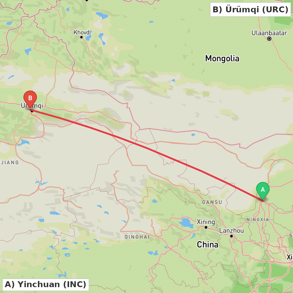 Flight route map from Yinchuan to Ürümqi