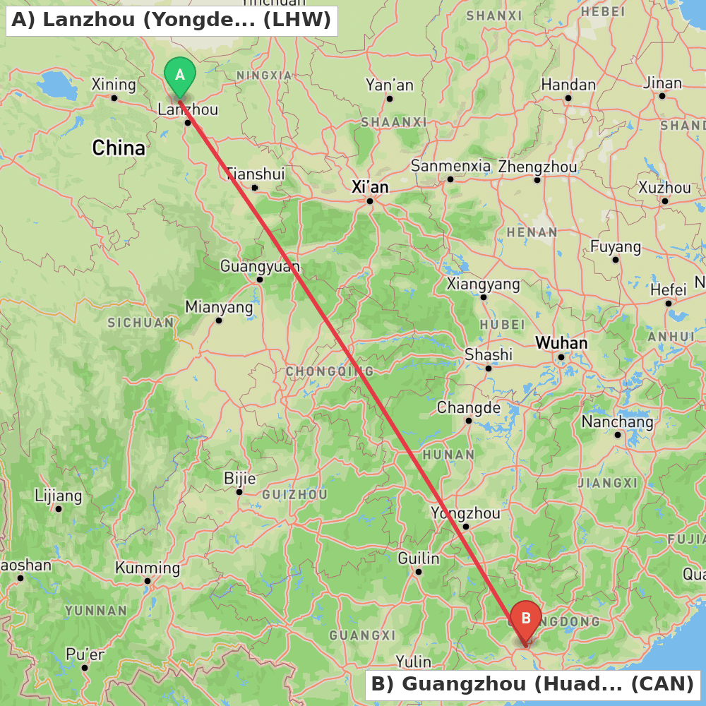 Flight route map from Lanzhou (Yongdeng) to Guangzhou (Huadu)