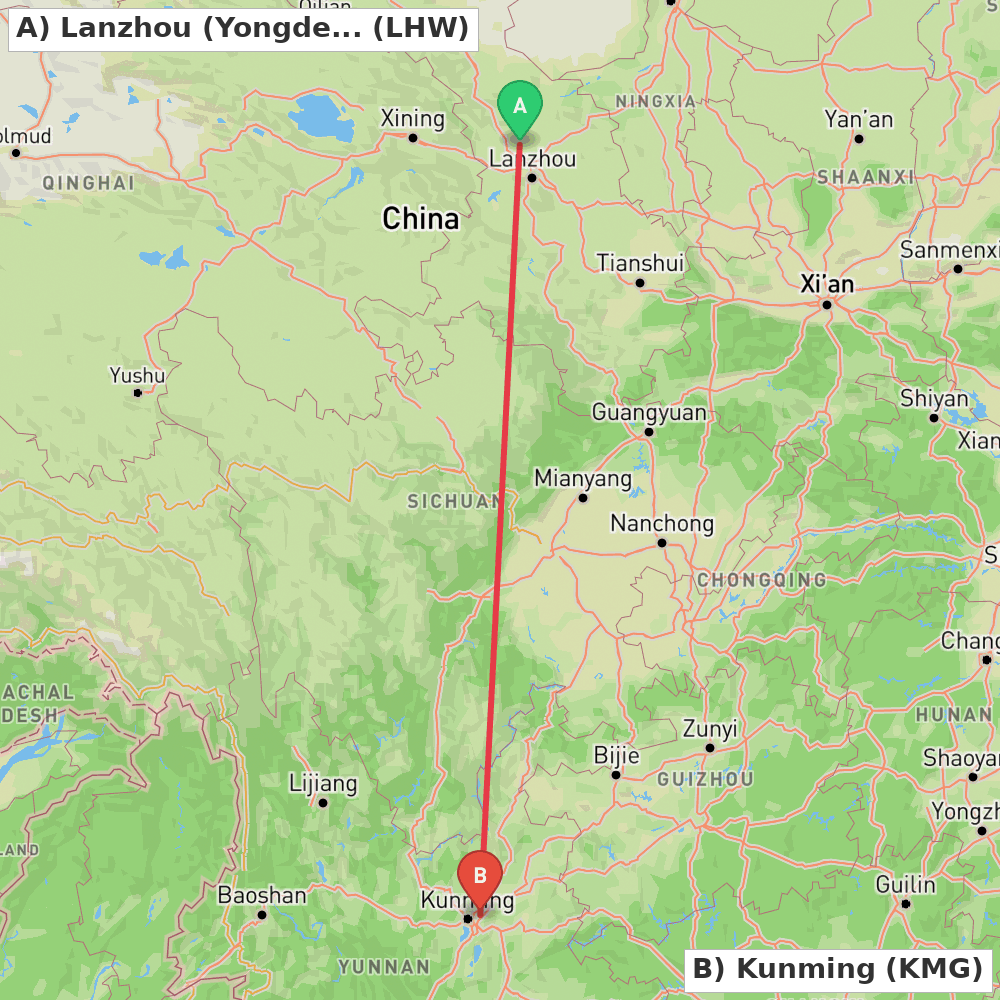 Flight route map from Lanzhou (Yongdeng) to Kunming