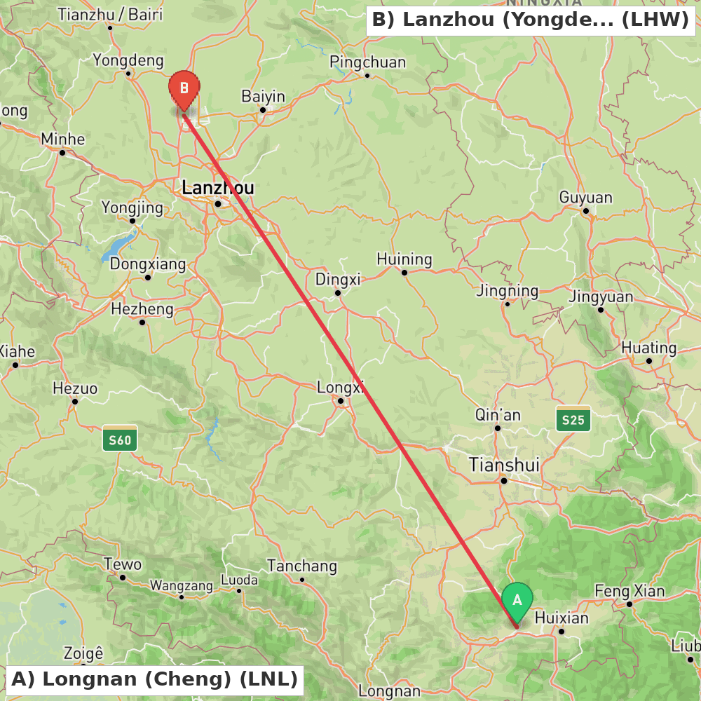 Flight route map from Longnan (Cheng) to Lanzhou (Yongdeng)