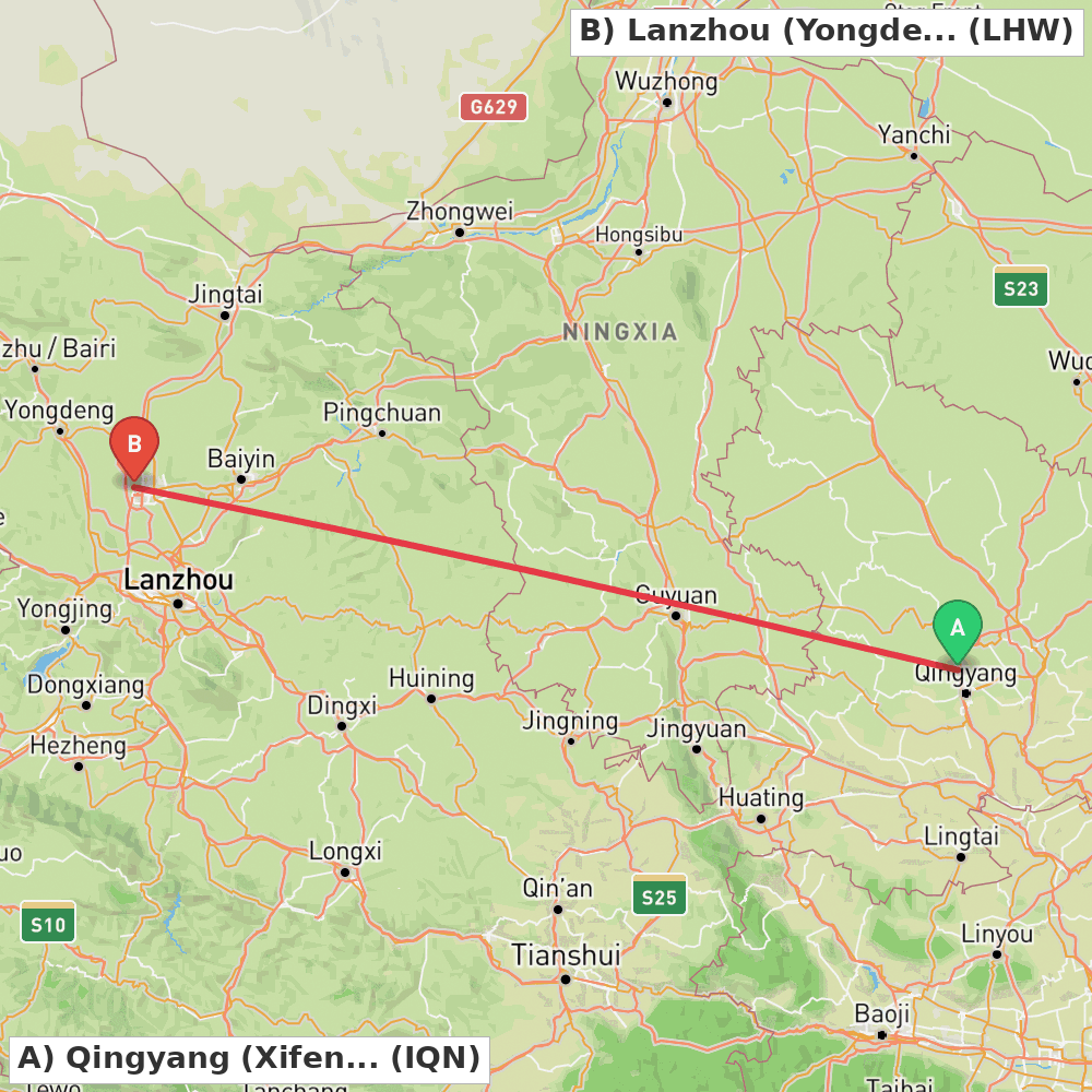 Flight route map from Qingyang (Xifeng) to Lanzhou (Yongdeng)