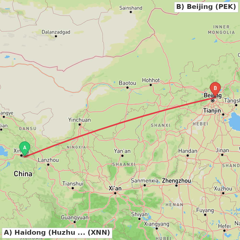 Flight route map from Haidong (Huzhu Tu Autonomous County) to Beijing
