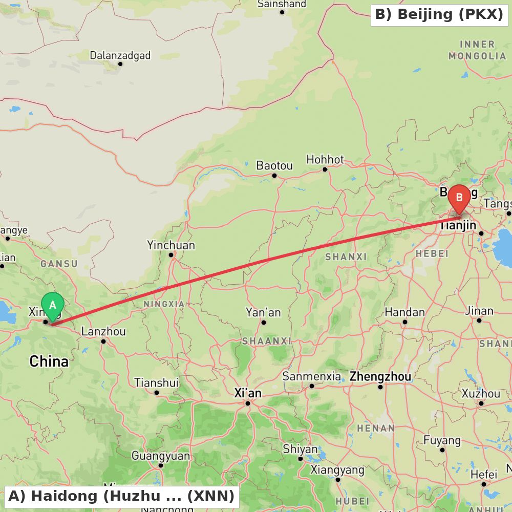 Flight route map from Haidong (Huzhu Tu Autonomous County) to Beijing