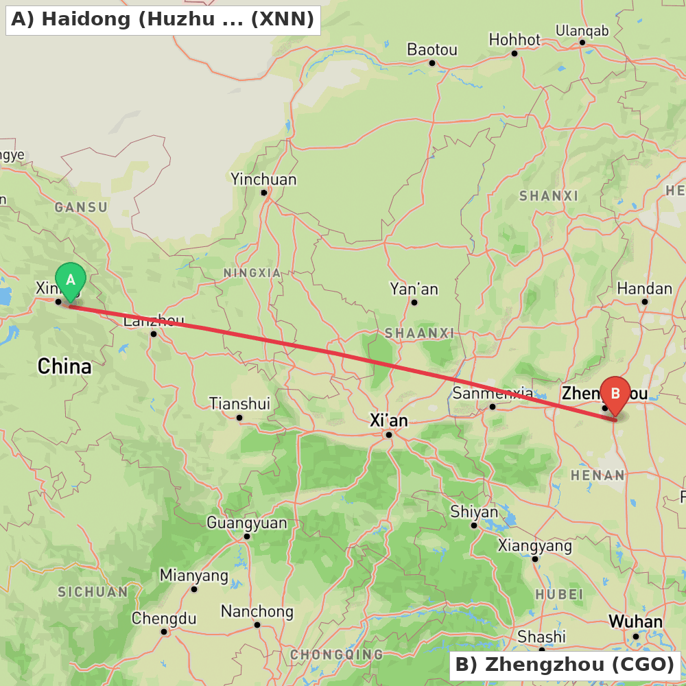 Flight route map from Haidong (Huzhu Tu Autonomous County) to Zhengzhou