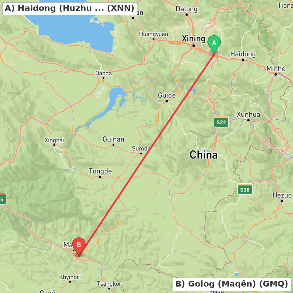 Flight route map from Haidong (Huzhu Tu Autonomous County) to Golog (Maqên)