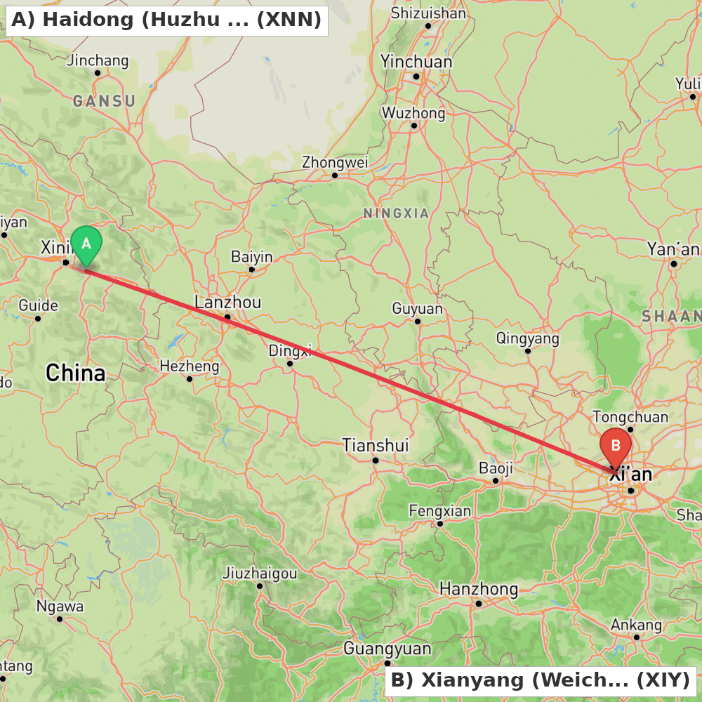Flight route map from Haidong (Huzhu Tu Autonomous County) to Xianyang (Weicheng)