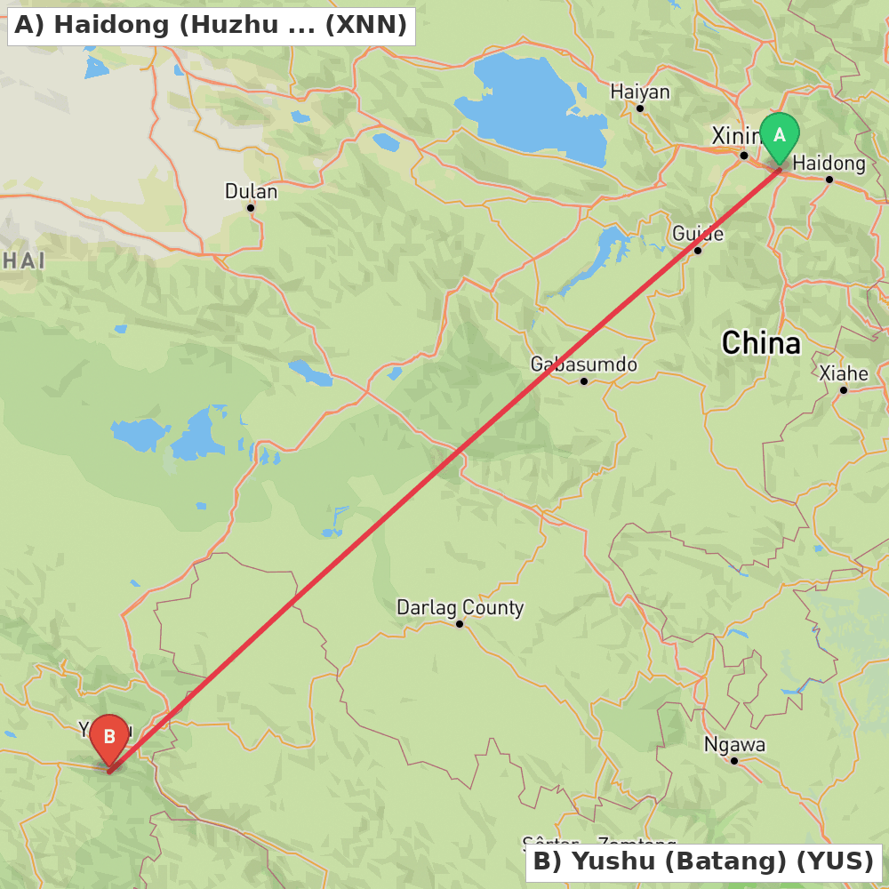 Flight route map from Haidong (Huzhu Tu Autonomous County) to Yushu (Batang)