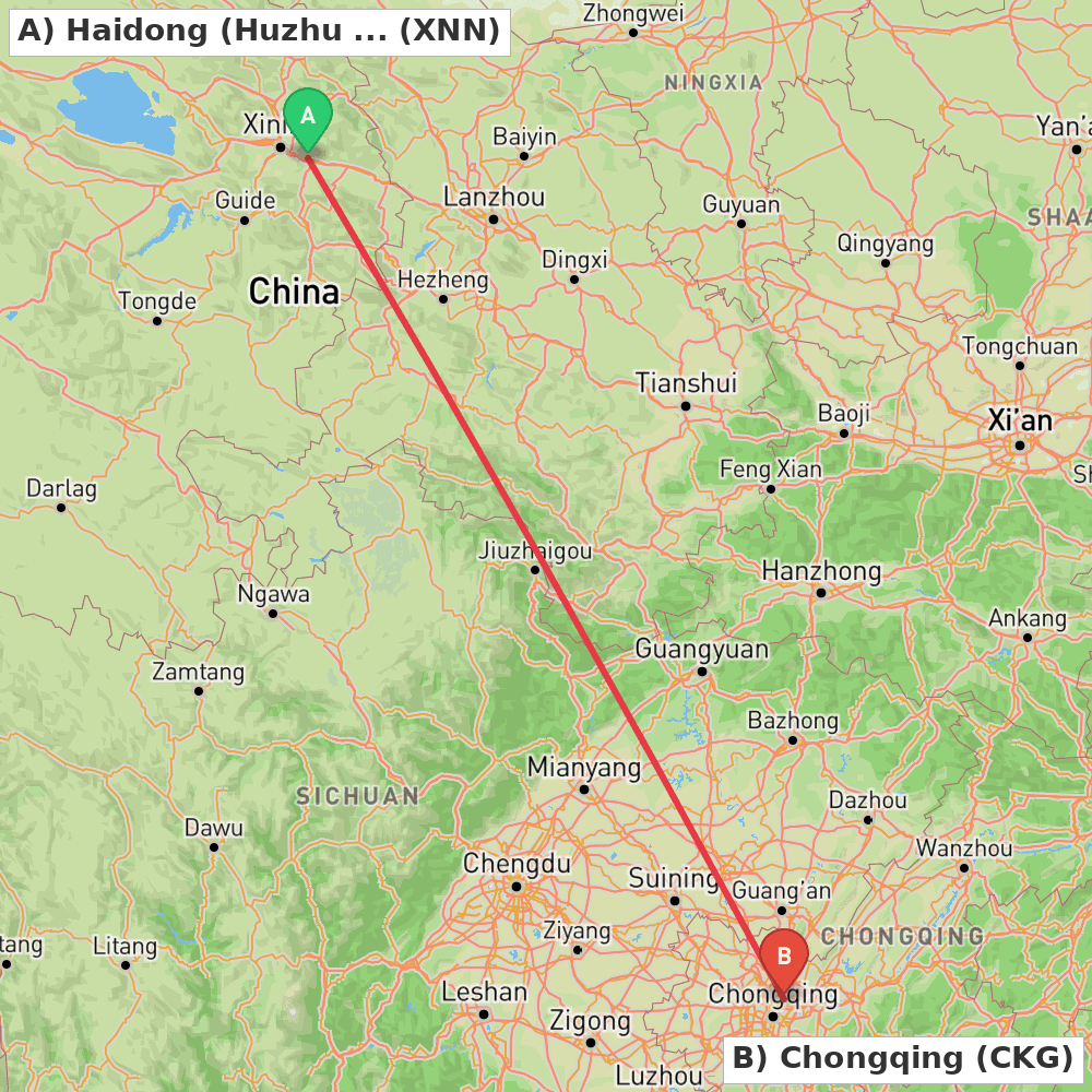 Flight route map from Haidong (Huzhu Tu Autonomous County) to Chongqing