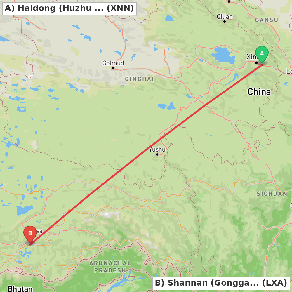 Flight route map from Haidong (Huzhu Tu Autonomous County) to Shannan (Gonggar)
