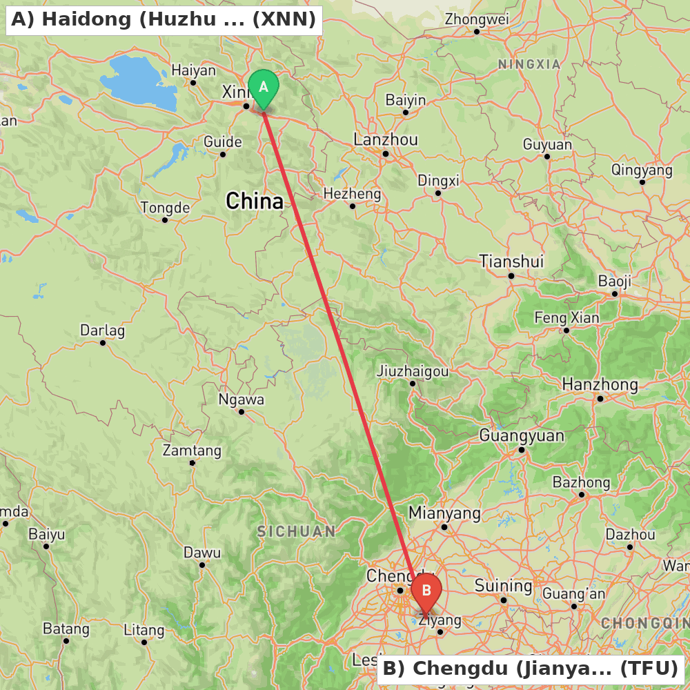 Flight route map from Haidong (Huzhu Tu Autonomous County) to Chengdu (Jianyang)