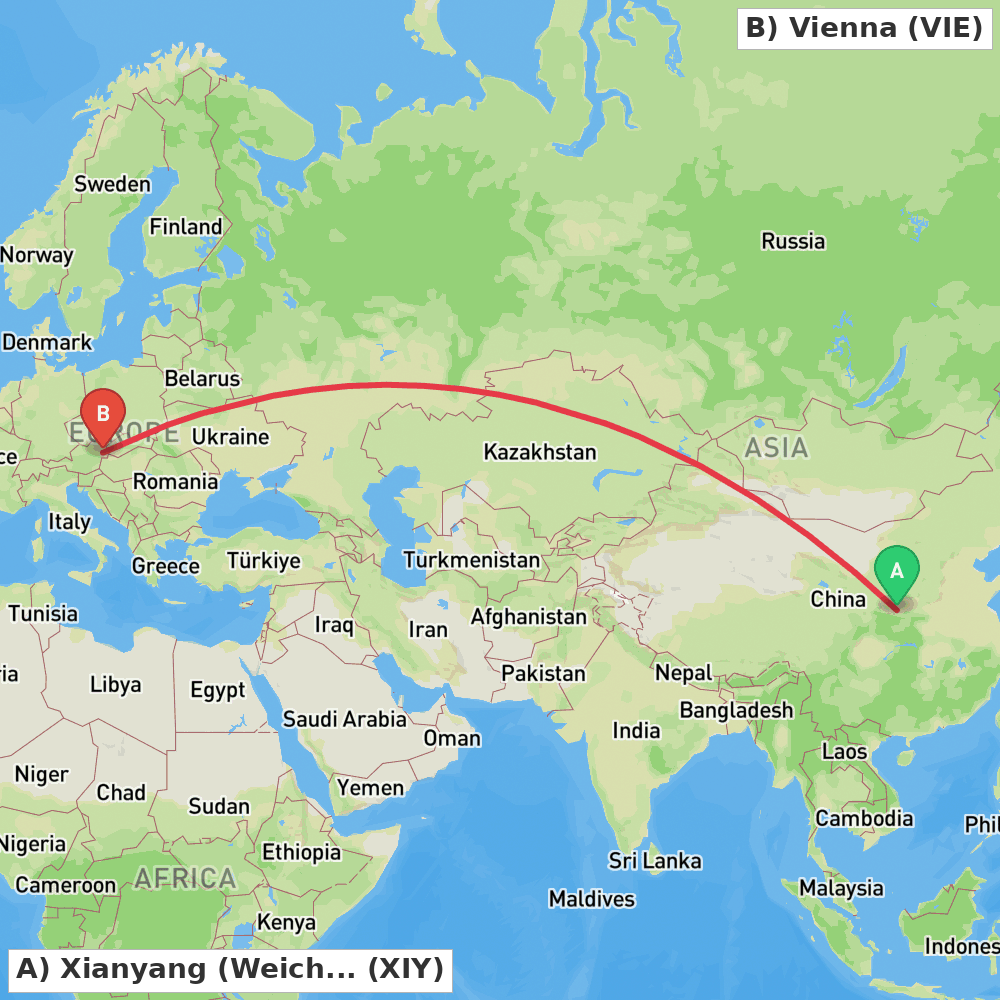 Flight route map from Xianyang (Weicheng) to Vienna