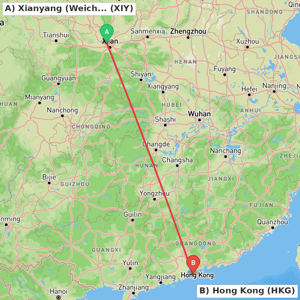 Flight route map from Xianyang (Weicheng) to Hong Kong