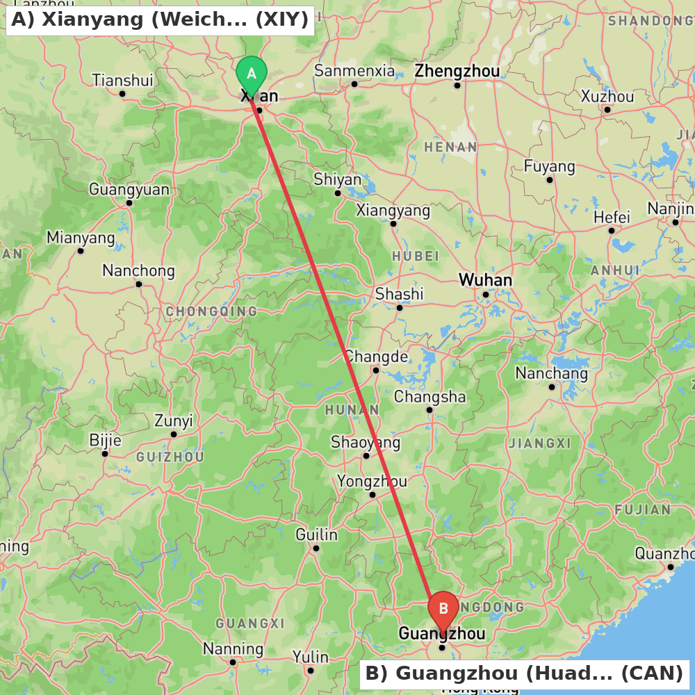Flight route map from Xianyang (Weicheng) to Guangzhou (Huadu)