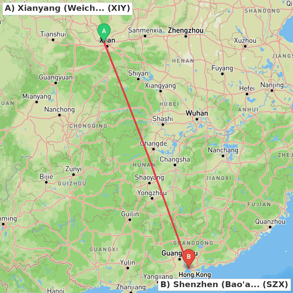 Flight route map from Xianyang (Weicheng) to Shenzhen (Bao'an)