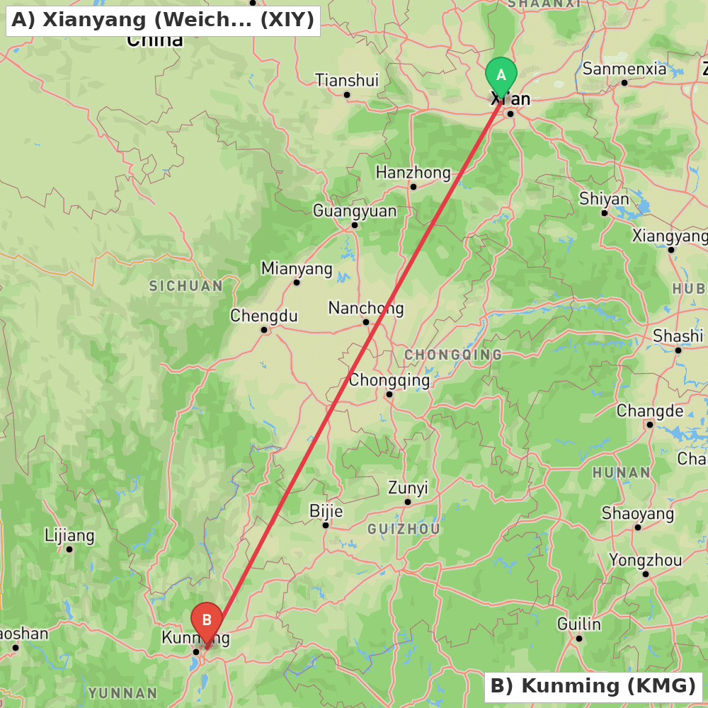 Flight route map from Xianyang (Weicheng) to Kunming