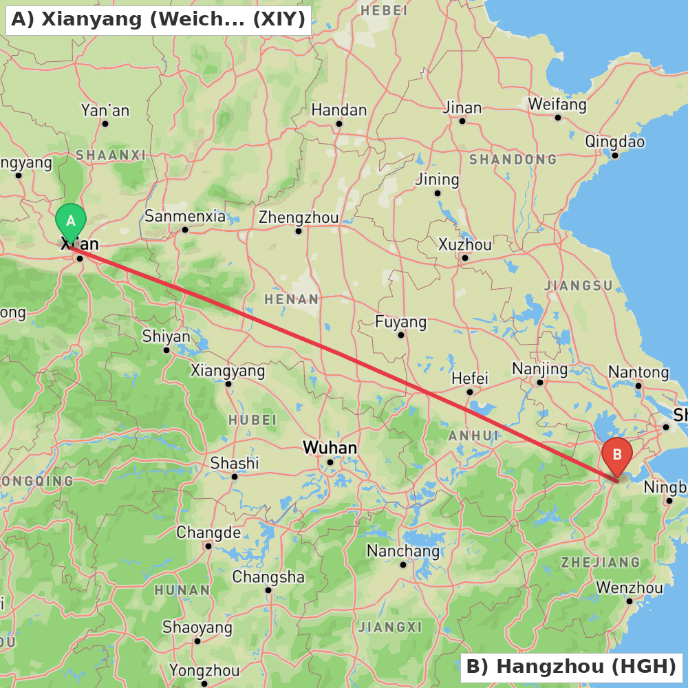 Flight route map from Xianyang (Weicheng) to Hangzhou