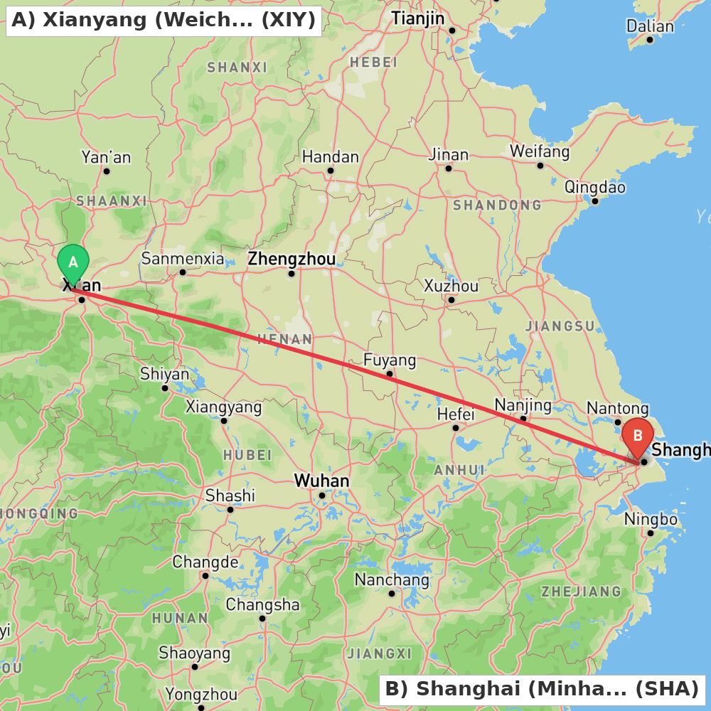 Flight route map from Xianyang (Weicheng) to Shanghai (Minhang)
