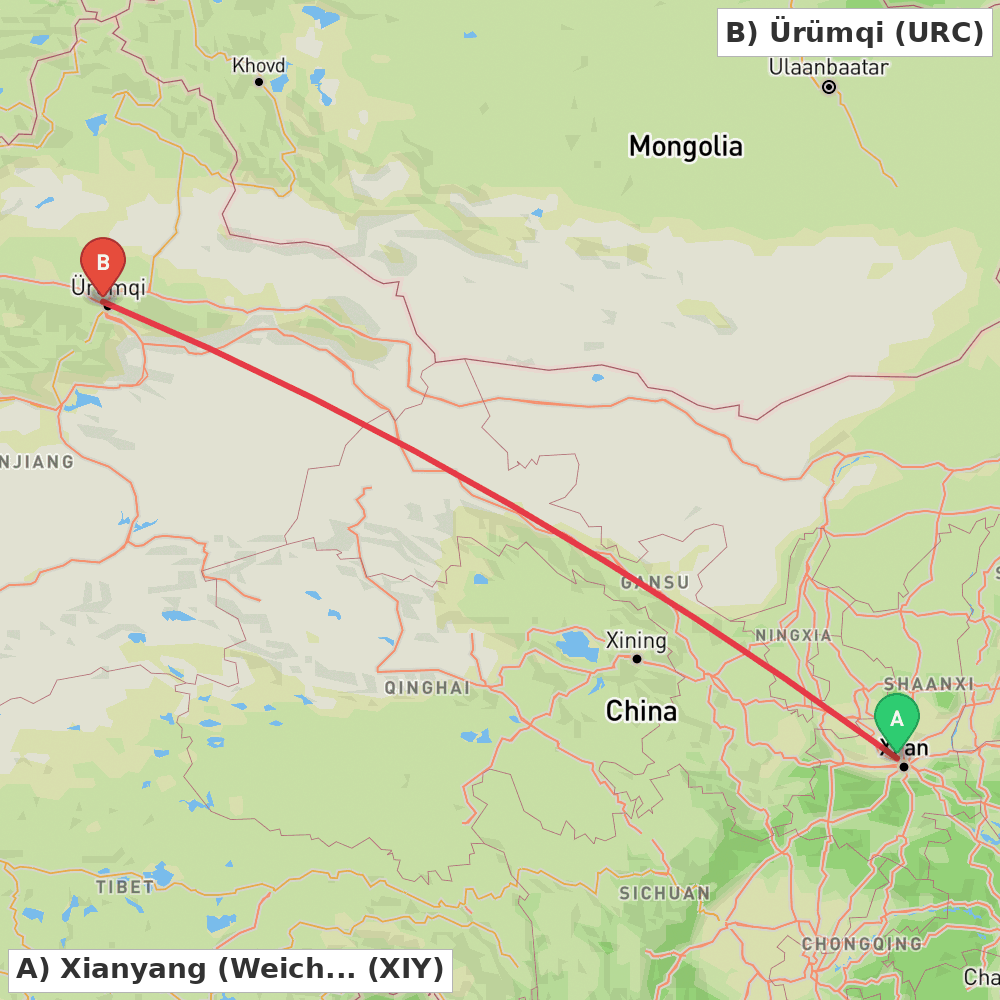 Flight route map from Xianyang (Weicheng) to Ürümqi