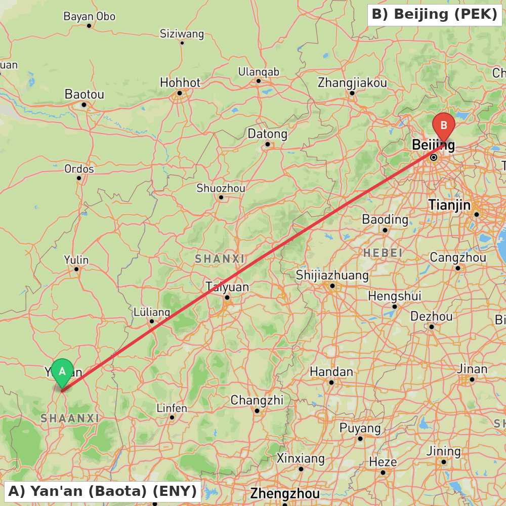 Flight route map from Yan'an (Baota) to Beijing