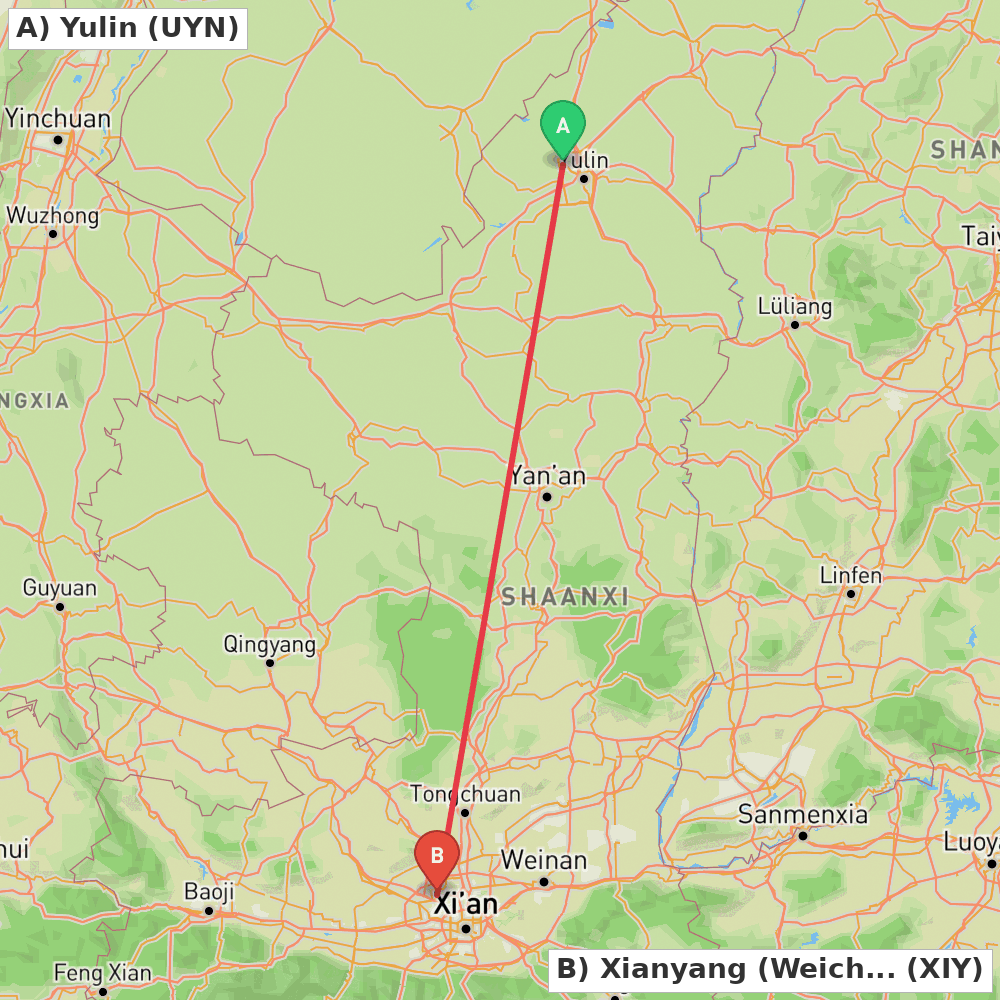 Flight route map from Yulin to Xianyang (Weicheng)