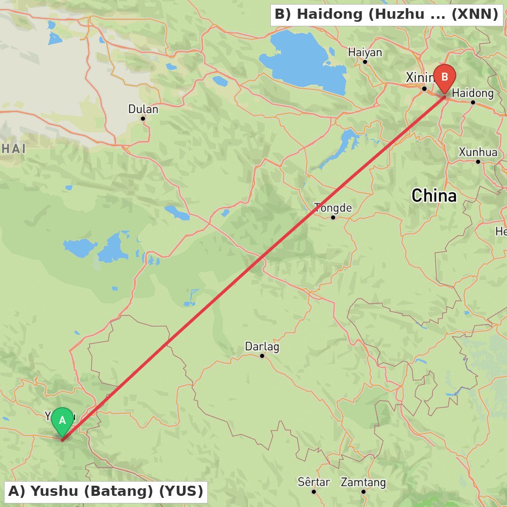 Flight route map from Yushu (Batang) to Haidong (Huzhu Tu Autonomous County)