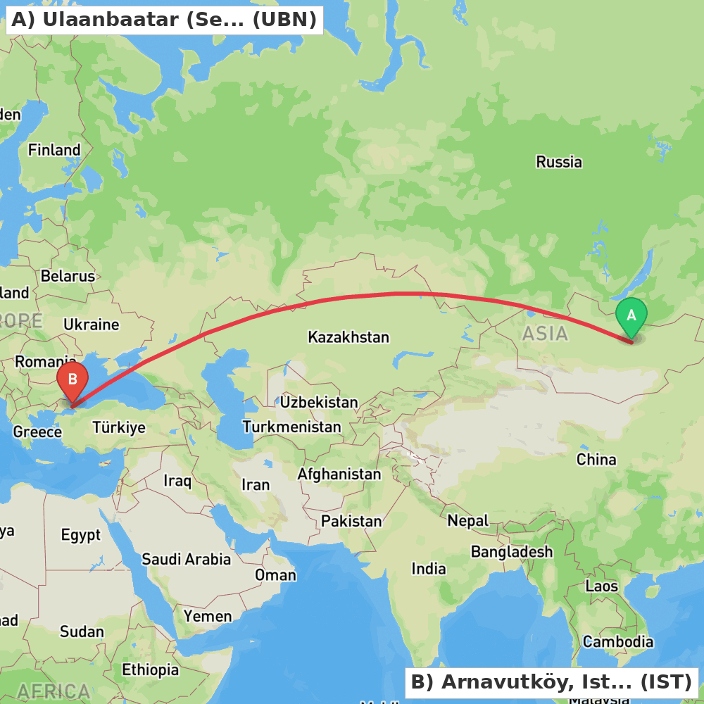 Flight route map from Ulaanbaatar (Sergelen) to Arnavutköy, Istanbul