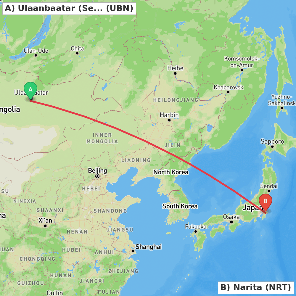 Flight route map from Ulaanbaatar (Sergelen) to Narita