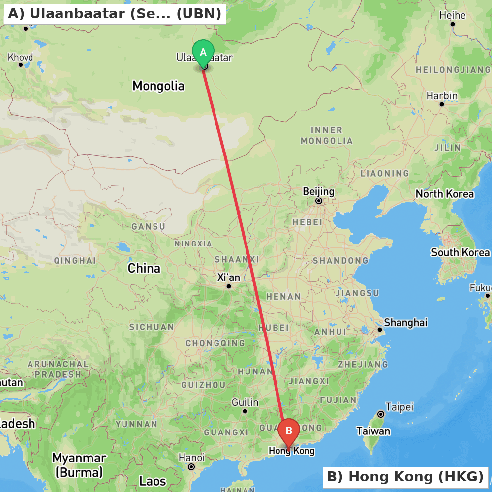Flight route map from Ulaanbaatar (Sergelen) to Hong Kong