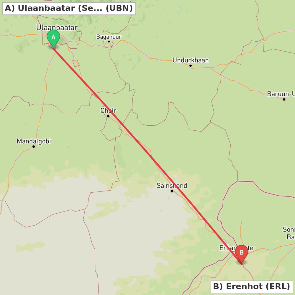 Flight route map from Ulaanbaatar (Sergelen) to Erenhot