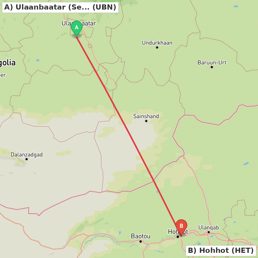 Flight route map from Ulaanbaatar (Sergelen) to Hohhot