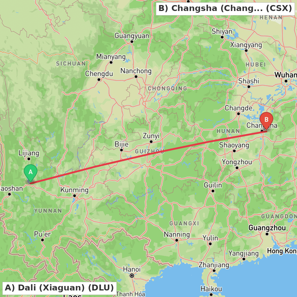 Flight route map from Dali (Xiaguan) to Changsha (Changsha)
