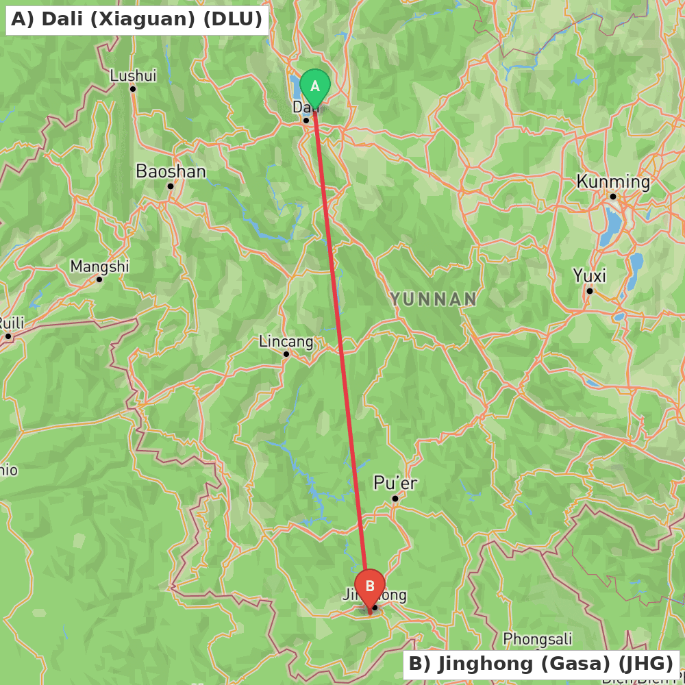 Flight route map from Dali (Xiaguan) to Jinghong (Gasa)