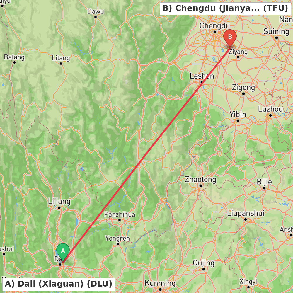 Flight route map from Dali (Xiaguan) to Chengdu (Jianyang)