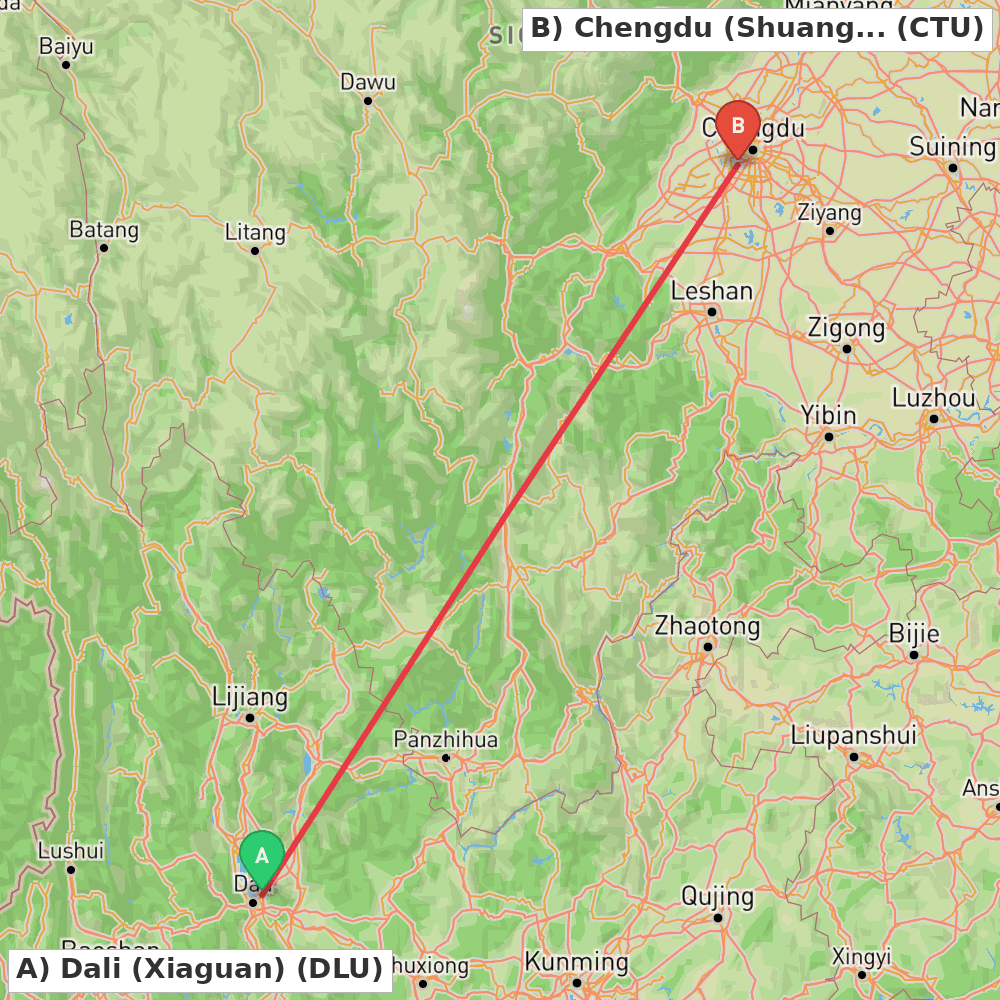 Flight route map from Dali (Xiaguan) to Chengdu (Shuangliu)