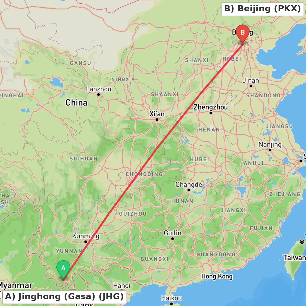 Flight route map from Jinghong (Gasa) to Beijing
