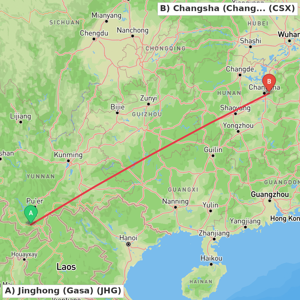 Flight route map from Jinghong (Gasa) to Changsha (Changsha)