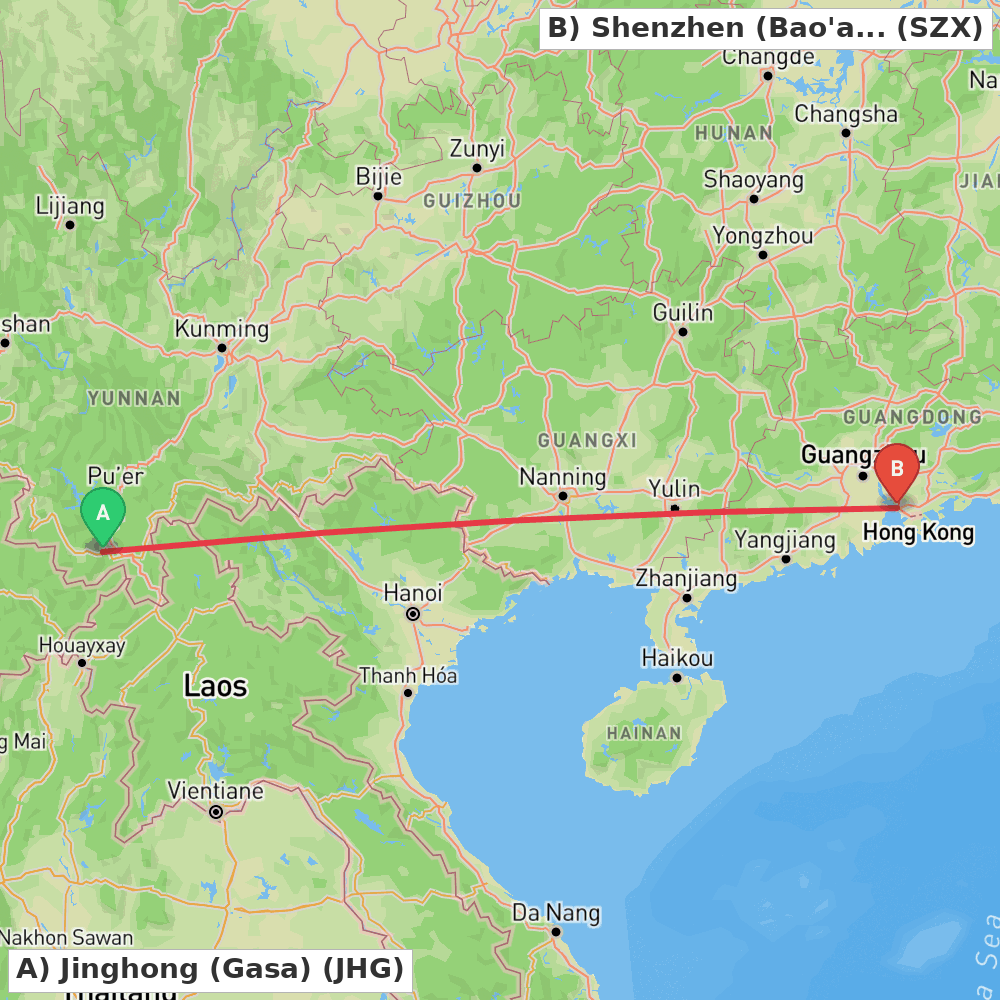 Flight route map from Jinghong (Gasa) to Shenzhen (Bao'an)