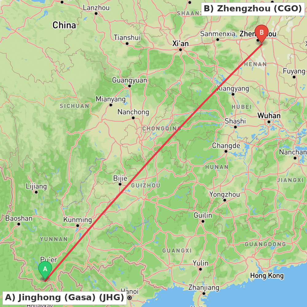 Flight route map from Jinghong (Gasa) to Zhengzhou