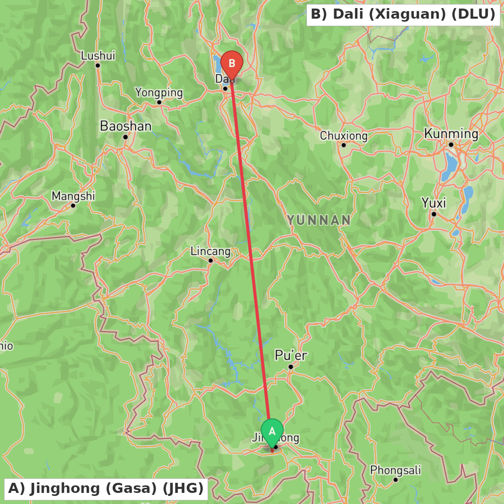 Flight route map from Jinghong (Gasa) to Dali (Xiaguan)