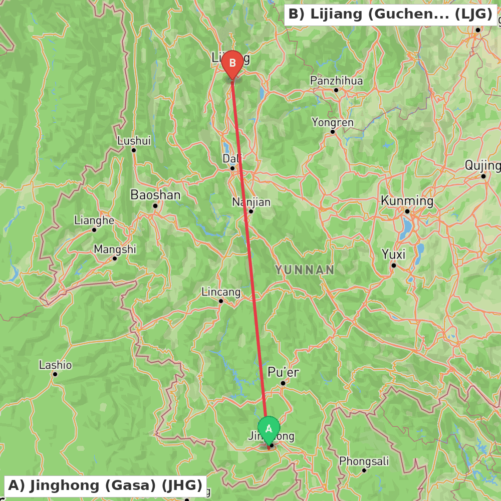 Flight route map from Jinghong (Gasa) to Lijiang (Gucheng)