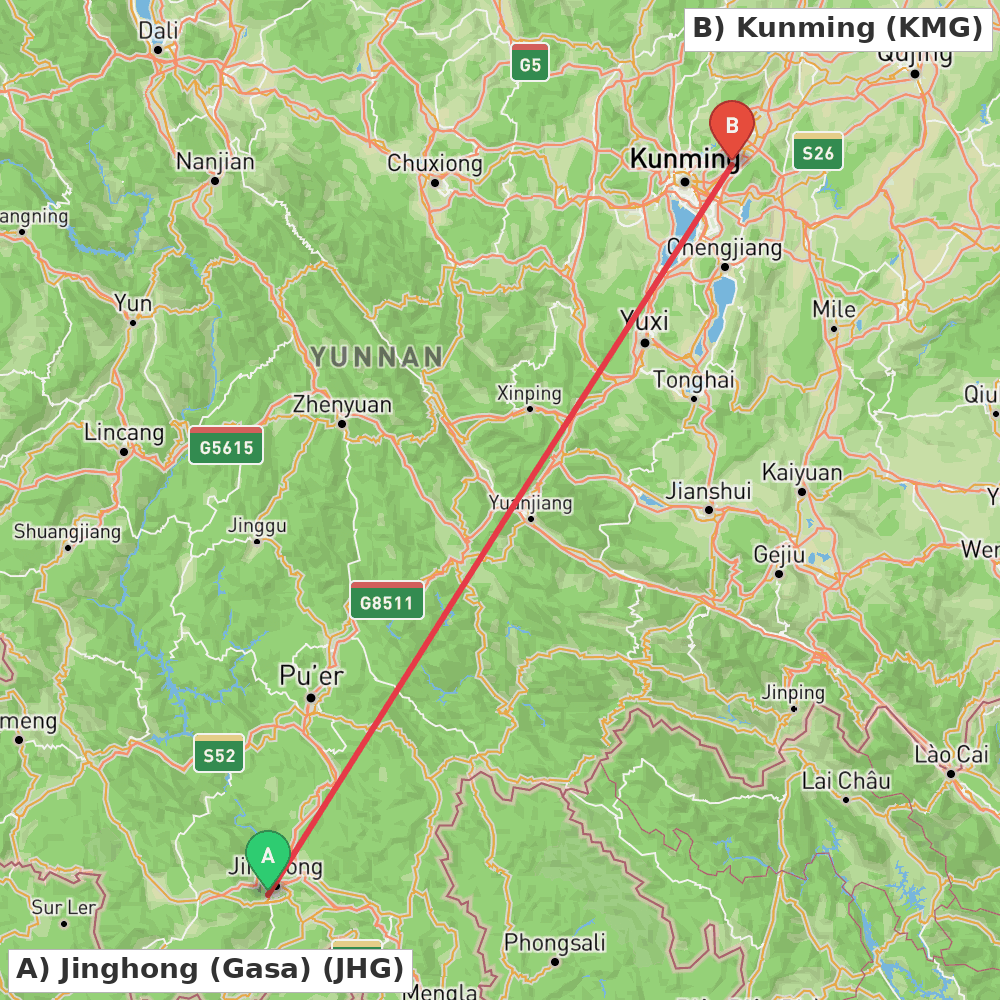 Flight route map from Jinghong (Gasa) to Kunming