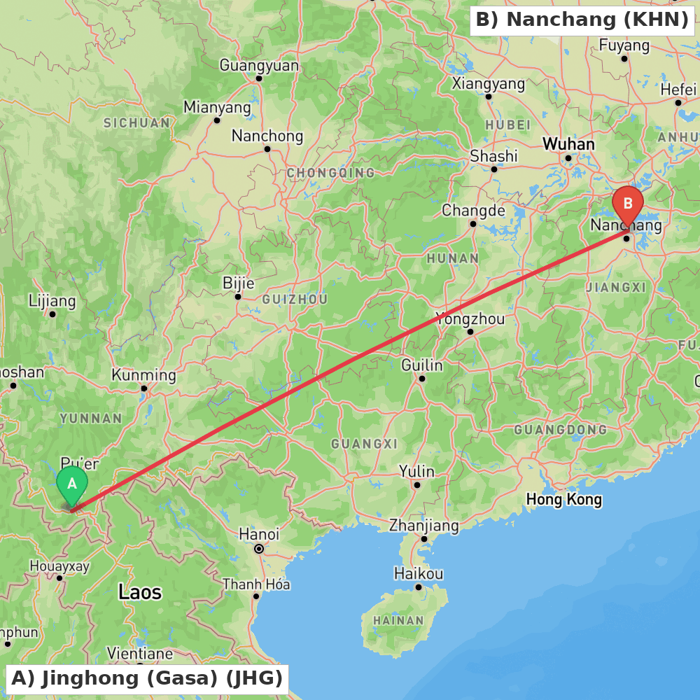Flight route map from Jinghong (Gasa) to Nanchang