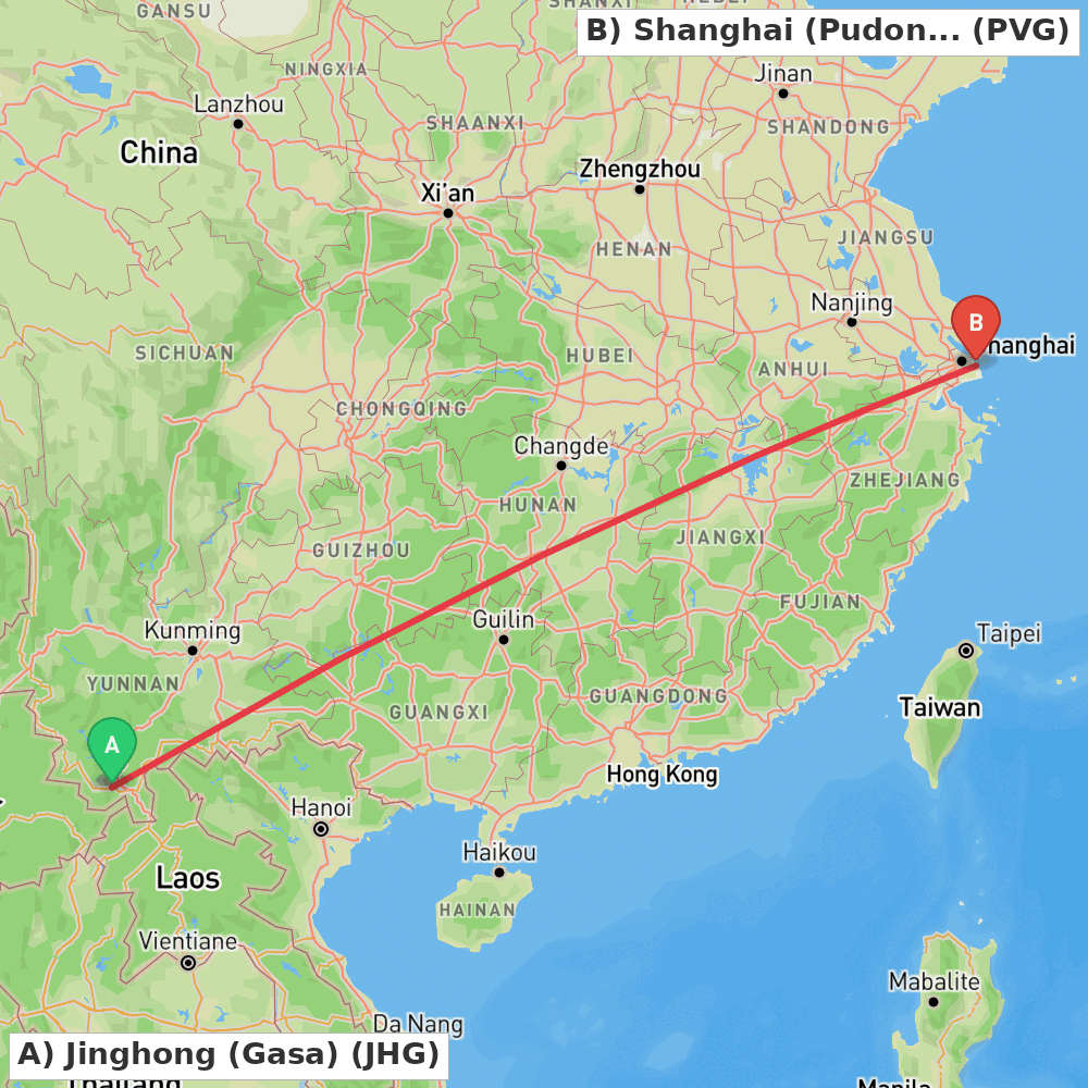 Flight route map from Jinghong (Gasa) to Shanghai (Pudong)