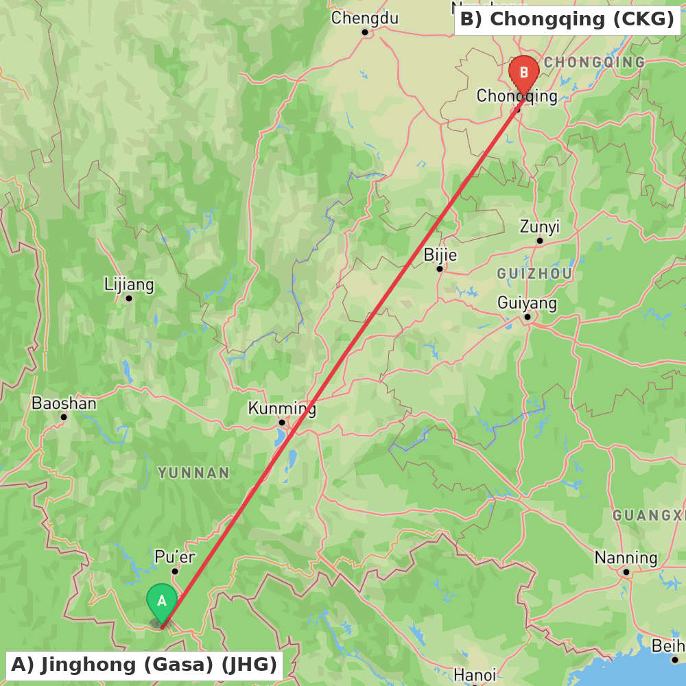 Flight route map from Jinghong (Gasa) to Chongqing