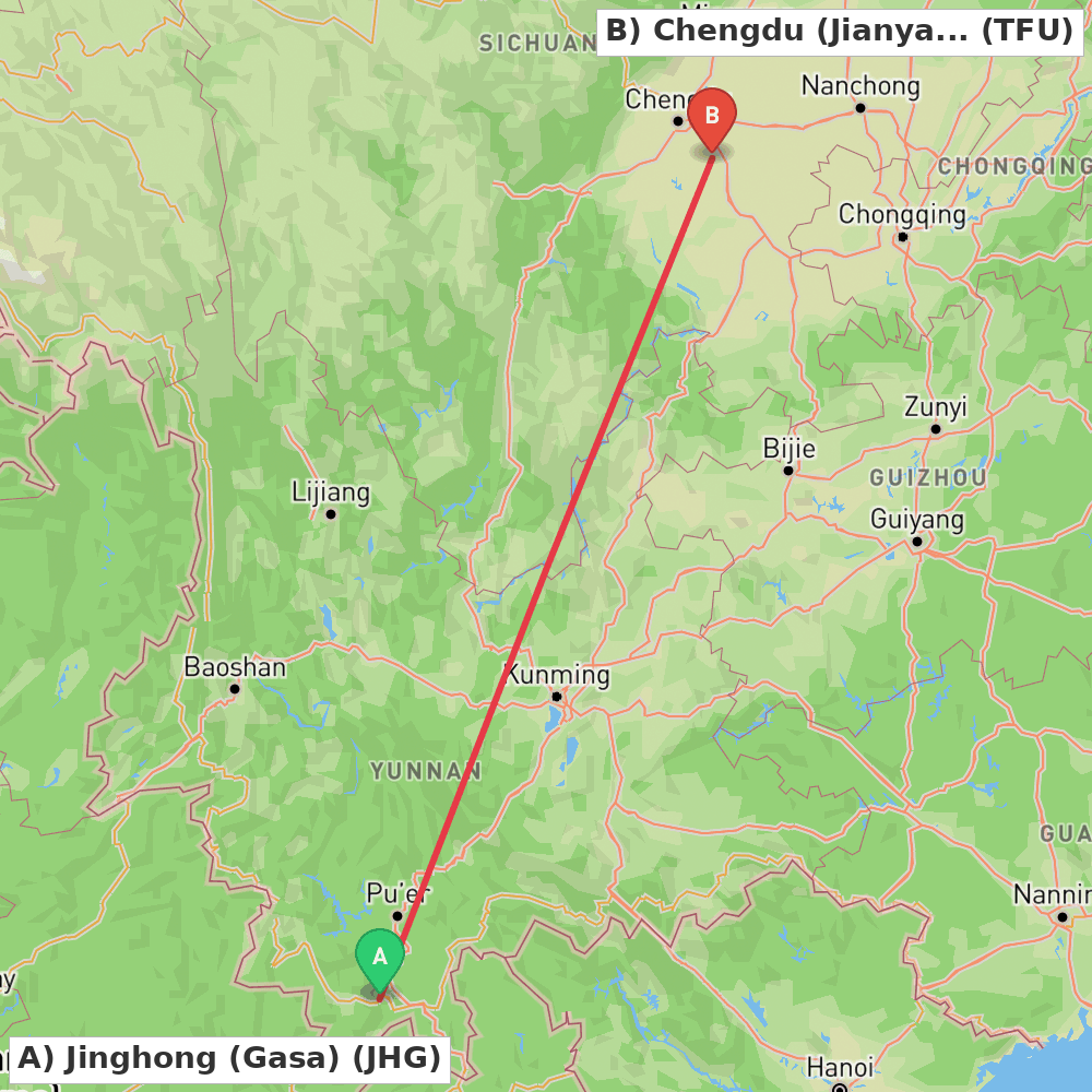Flight route map from Jinghong (Gasa) to Chengdu (Jianyang)