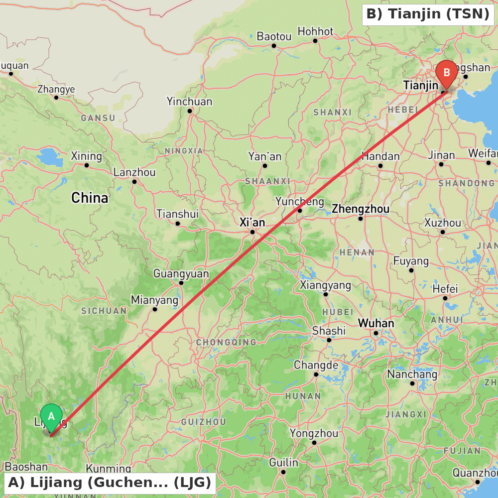 Flight route map from Lijiang (Gucheng) to Tianjin