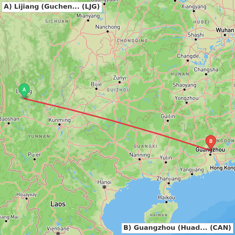 Flight route map from Lijiang (Gucheng) to Guangzhou (Huadu)