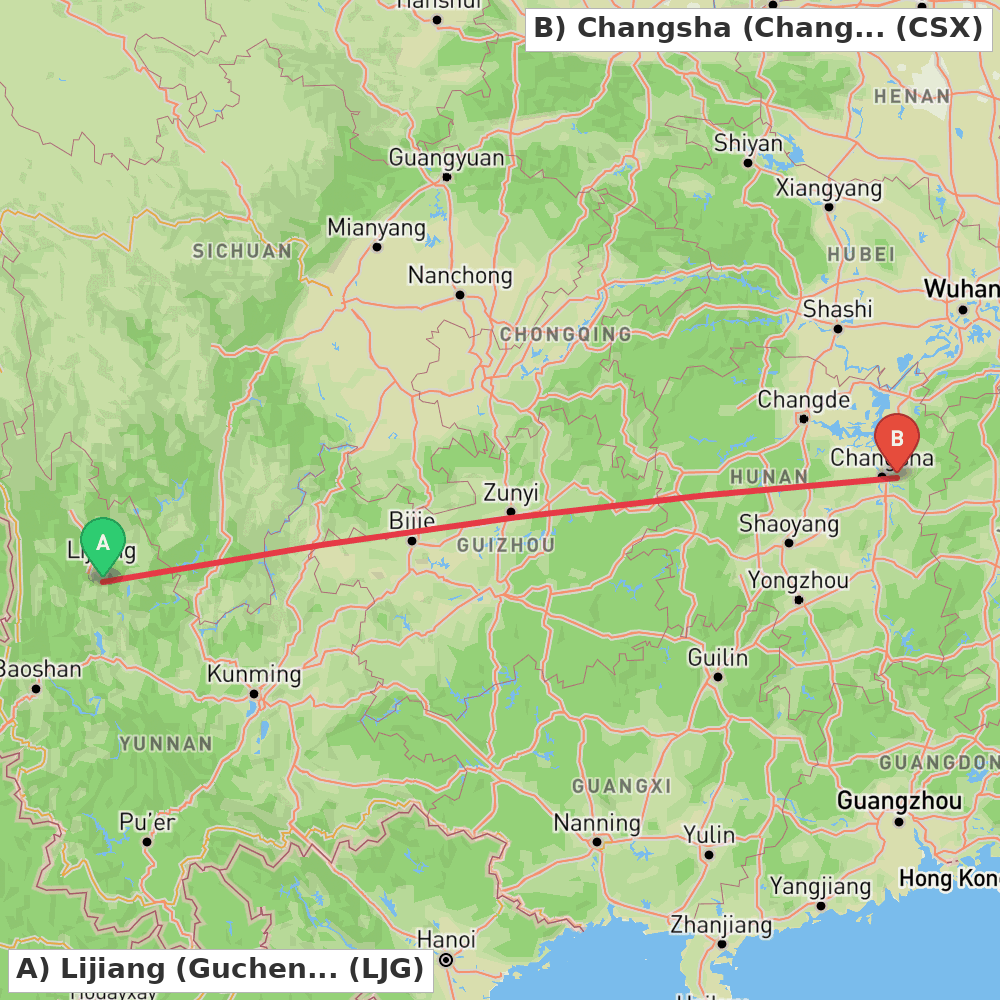 Flight route map from Lijiang (Gucheng) to Changsha (Changsha)